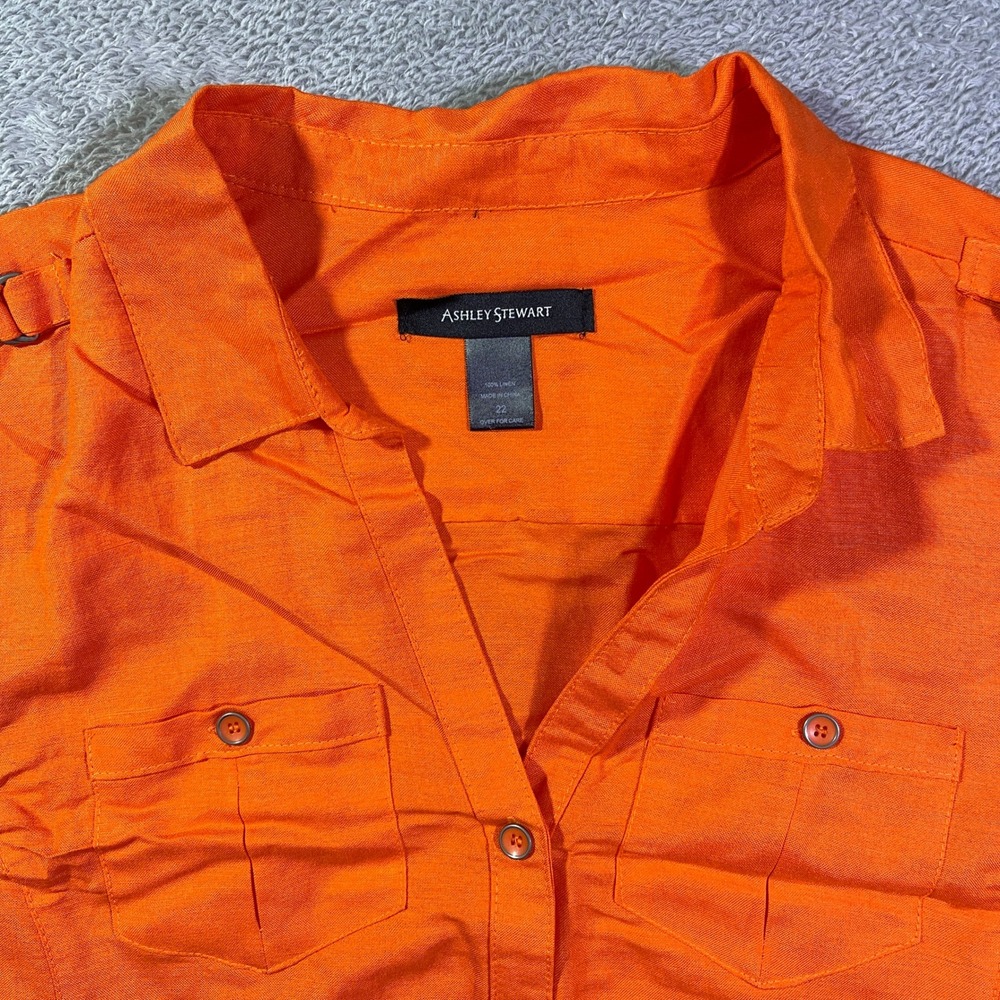 Ashley Stewart Orange 100% Linen Button Down Utility Shirt